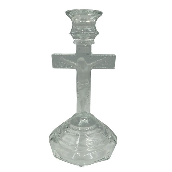Vintage Crucifix Clear and Frosted Glass Candle Holder Jesus Christ on Cross INR - Picture 2 of 9